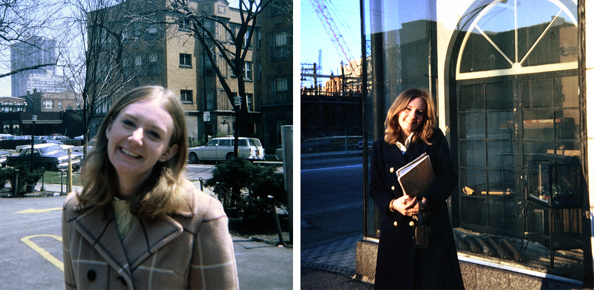 Two photos of Chief Justice Theis as a college student on Lake Shore Campus